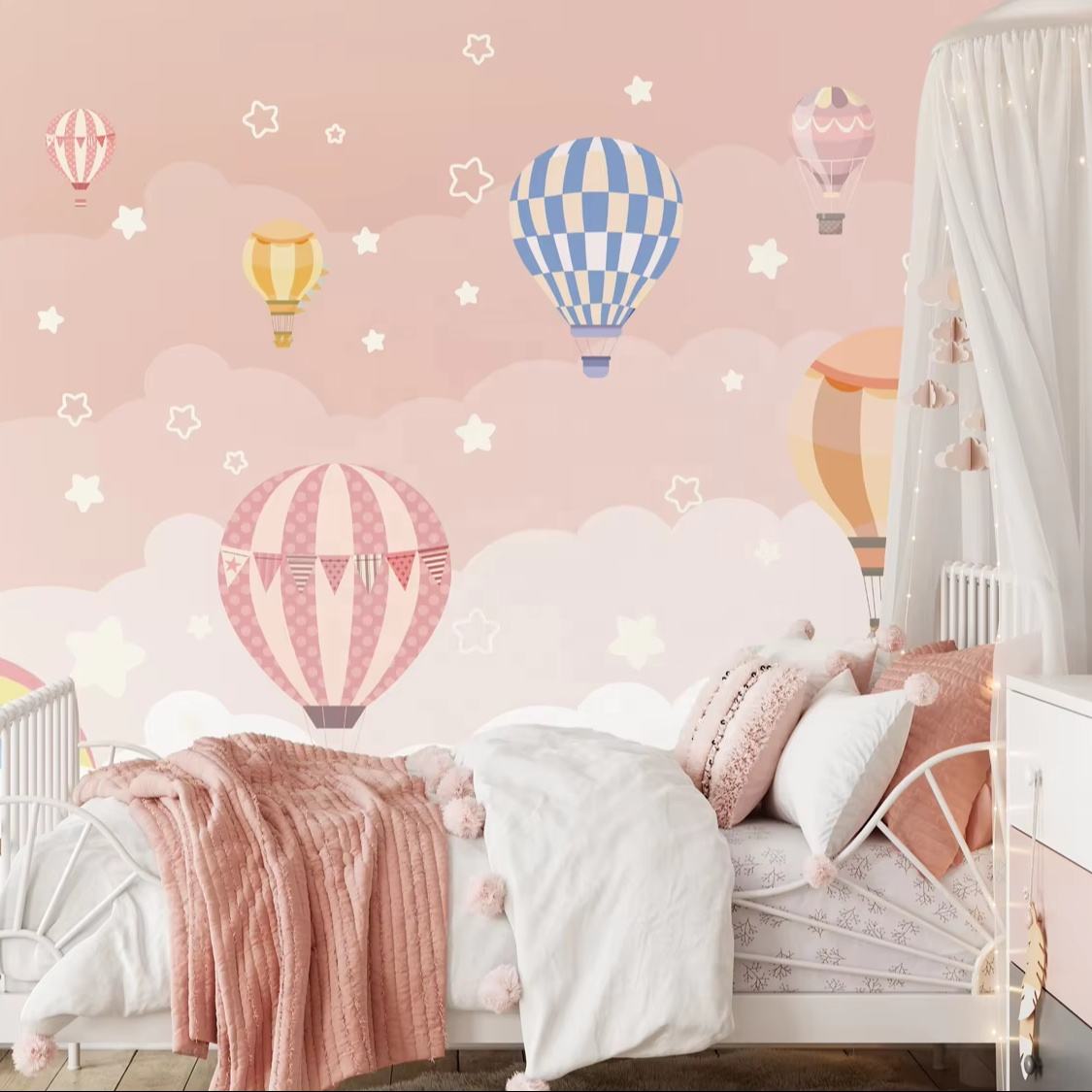 Fashion Wallpaper Pink Hot air Balloon Wall Cloth Home Star Decoration 3d Girl Bedroom Art Wall Mural Wallpaper