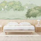 Flying Cranes Green Sight Wall Mural Wallpaper
