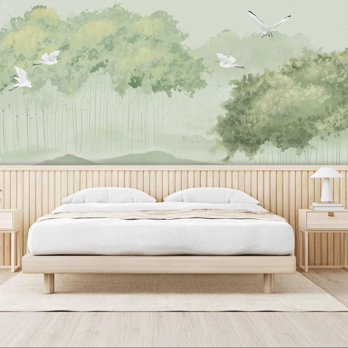 Flying Cranes Green Sight Wall Mural Wallpaper