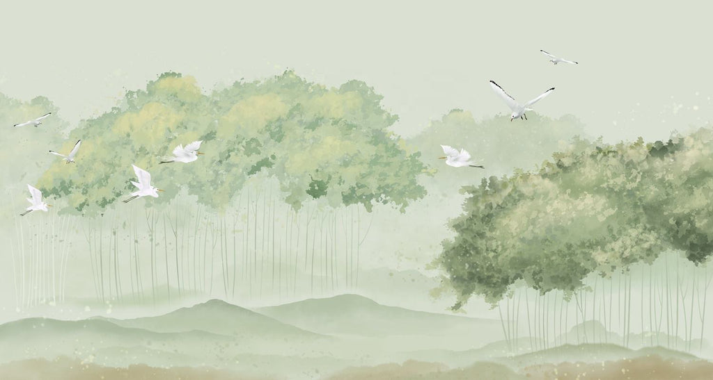 Flying Cranes Green Sight Wall Mural Wallpaper