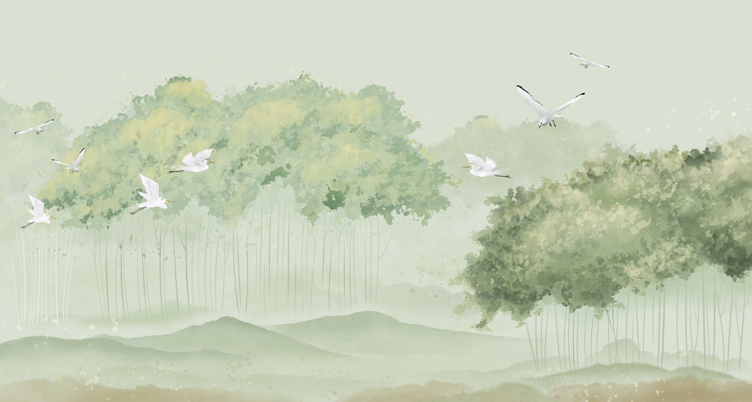 Flying Cranes Green Sight Wall Mural Wallpaper