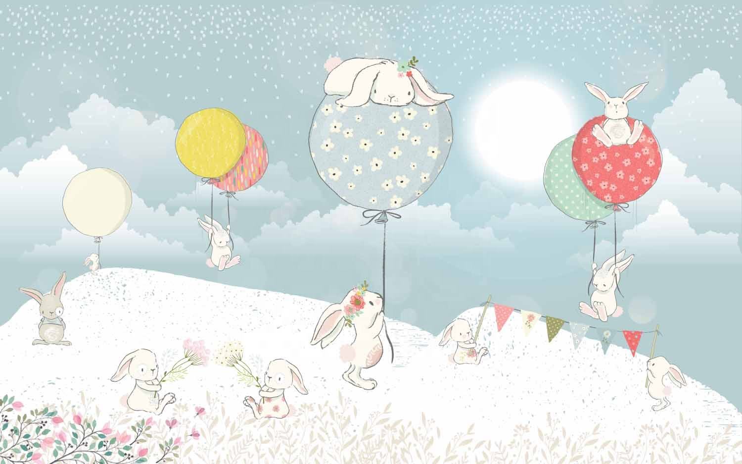 Modern Cute Rabbit Wall Paper Soft Hues Flower Fireproof 3d Mural Wallpaper Home Decoration Wall Murals for House